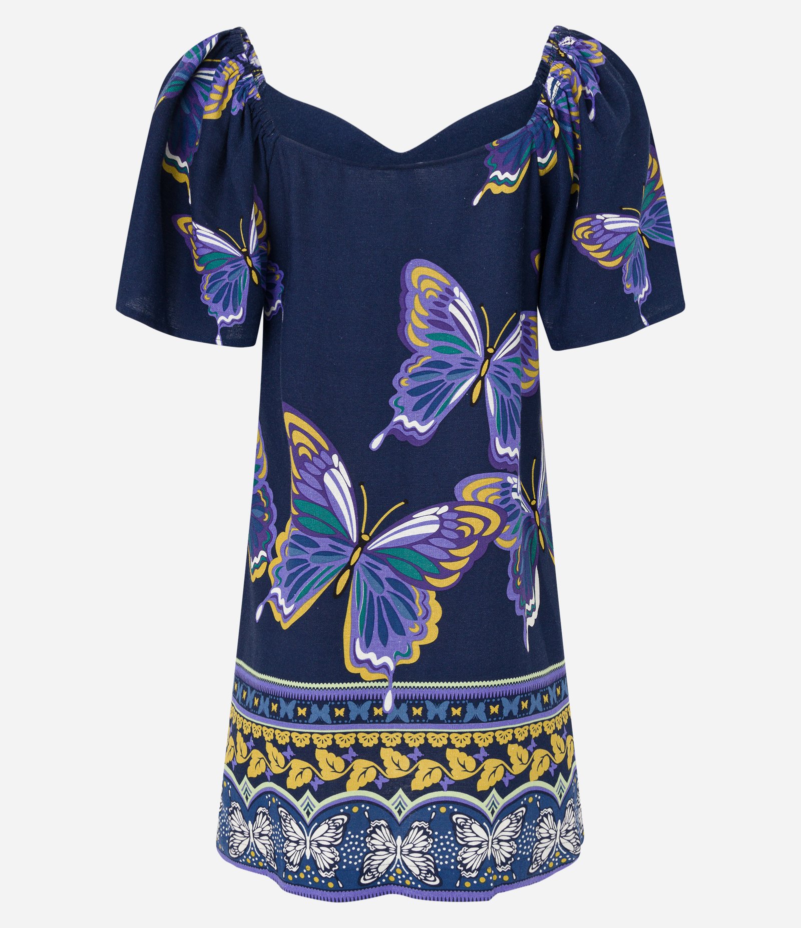 Vestido Curto em Viscose com Linho e Estampa Borboleta Azul Azul Marinho 6