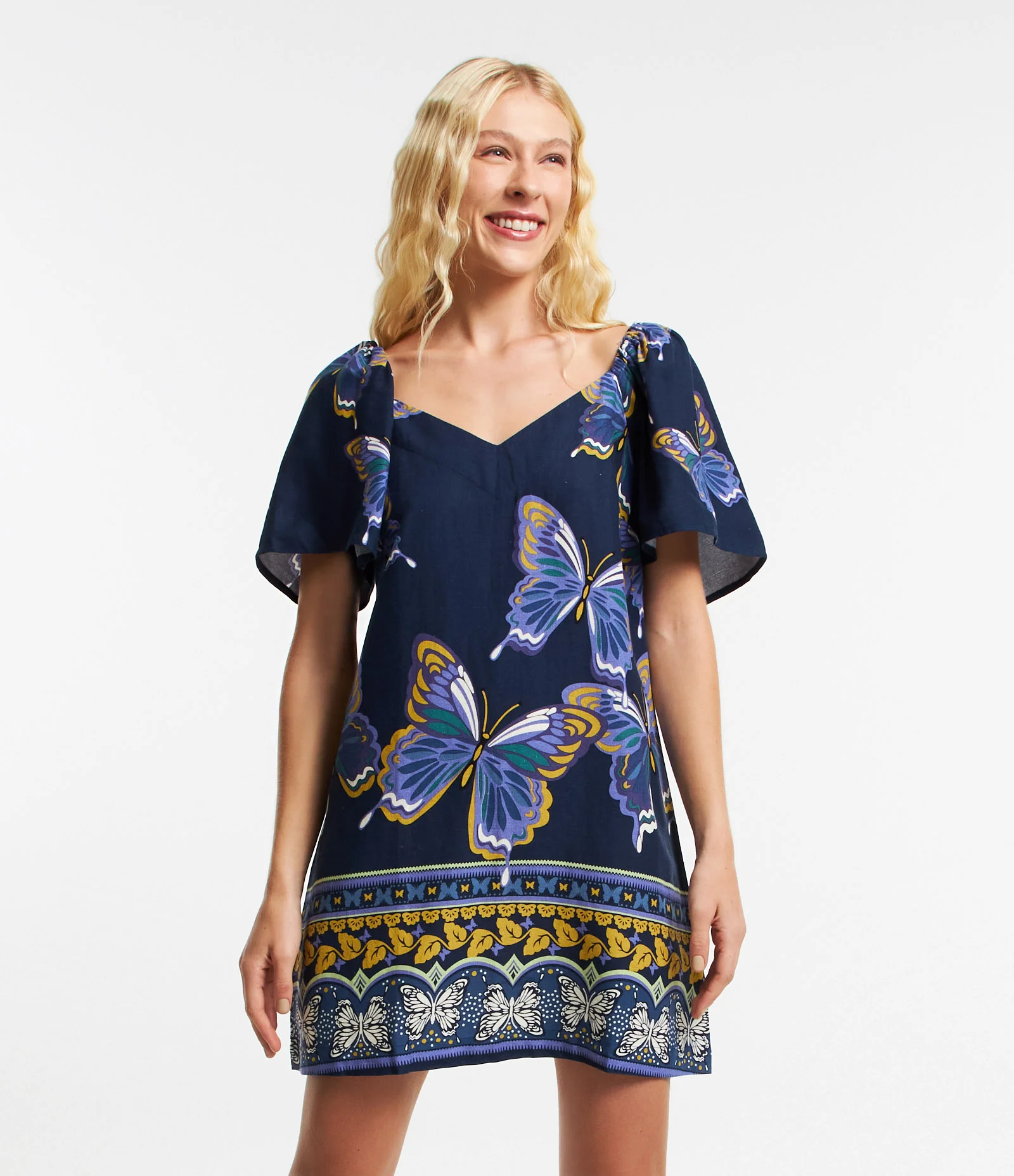 Vestido Curto em Viscose com Linho e Estampa Borboleta Azul Azul Marinho 1