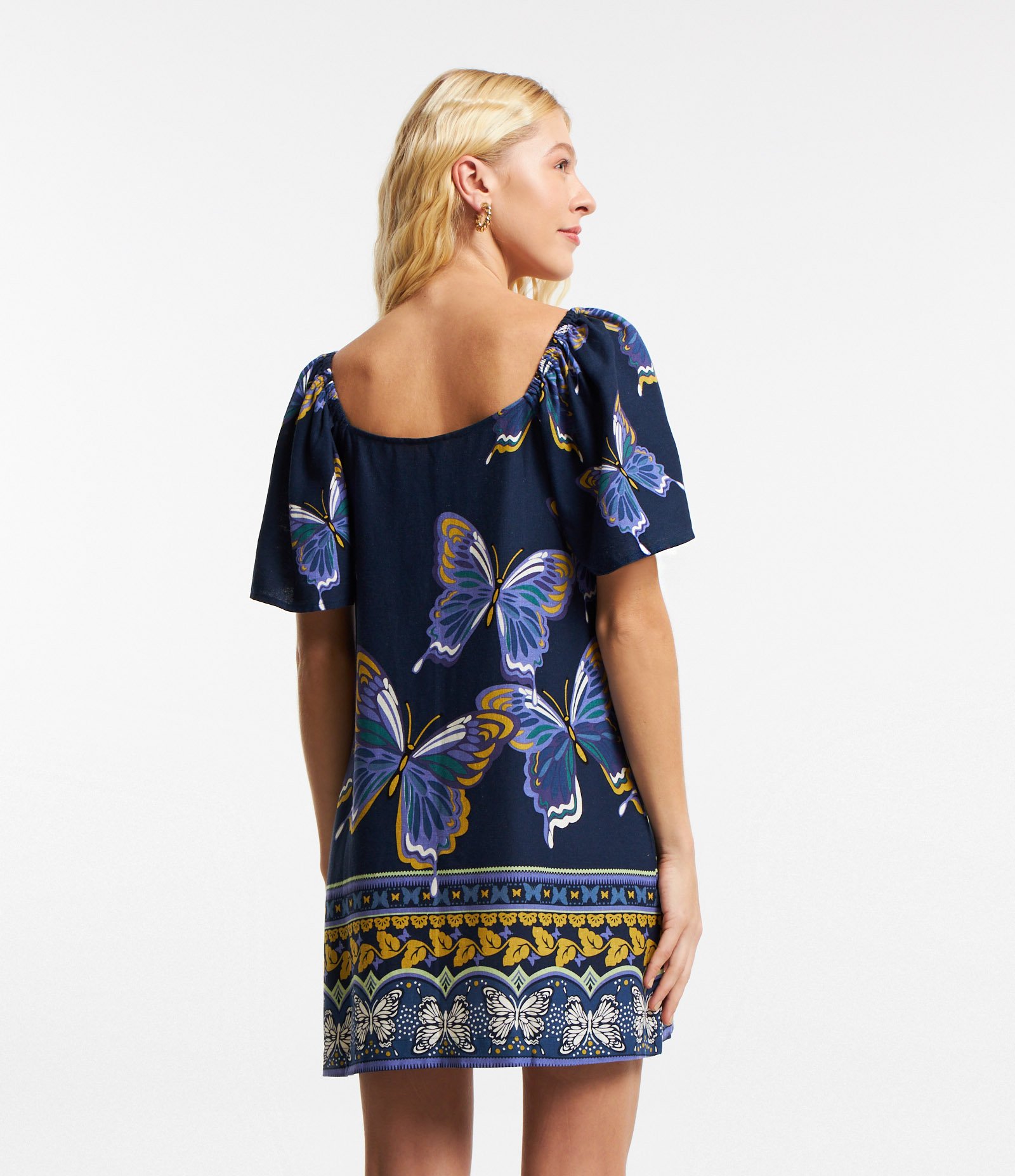 Vestido Curto em Viscose com Linho e Estampa Borboleta Azul Azul Marinho 3