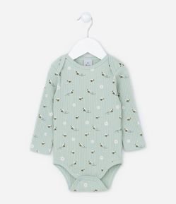 Body Longo Infantil em Meia Malha com Estampa de Flores - Tam RN a 18 meses
