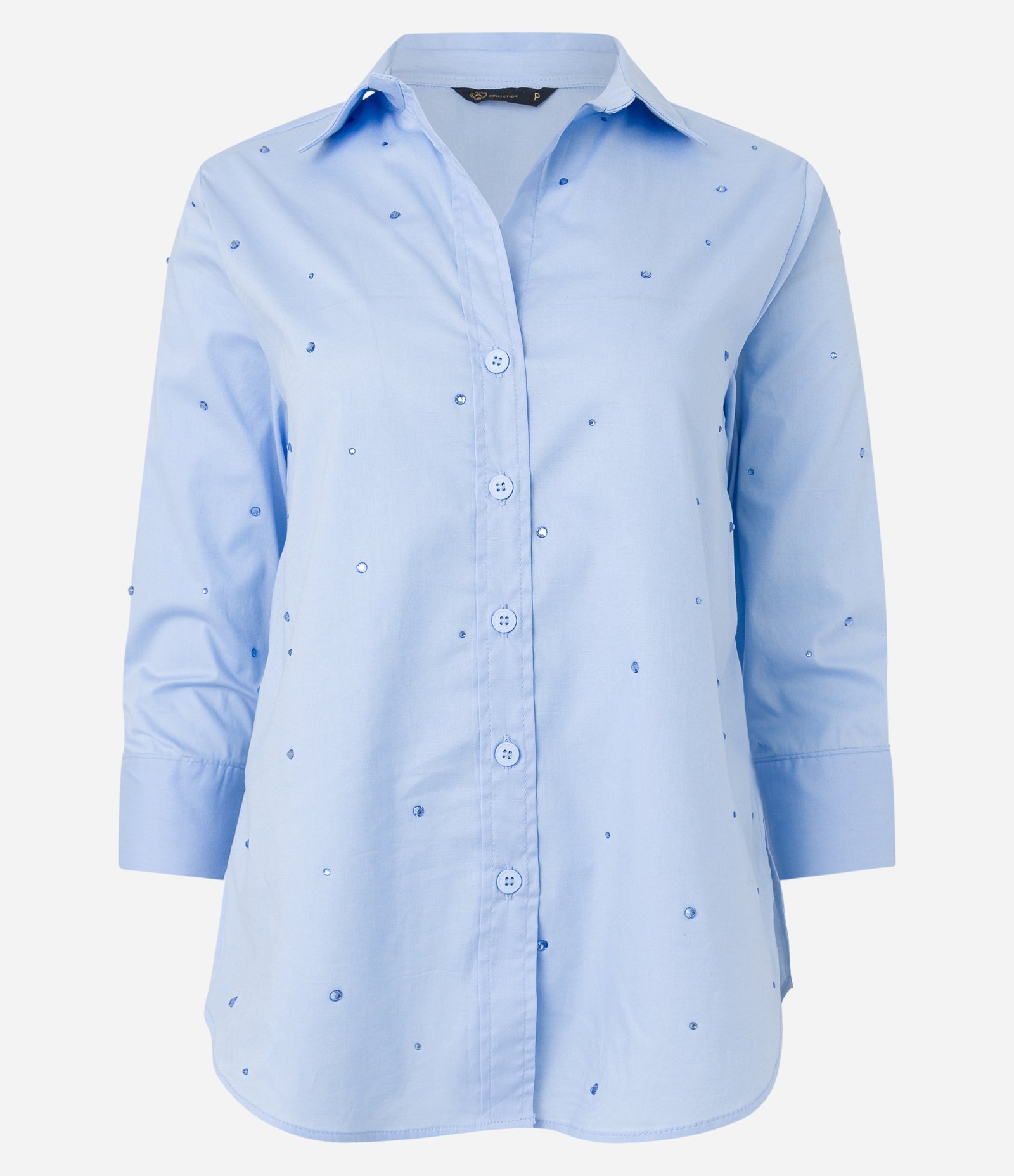 Camisa em Tricoline com Mangas 3/4 e Aplicação de Hotfix Frontal Azul 5