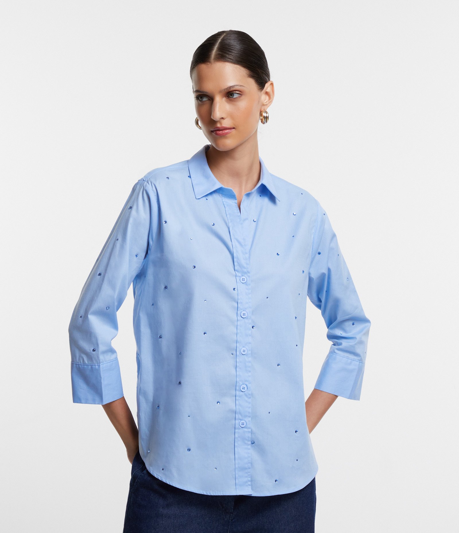 Camisa em Tricoline com Mangas 3/4 e Aplicação de Hotfix Frontal Azul 1
