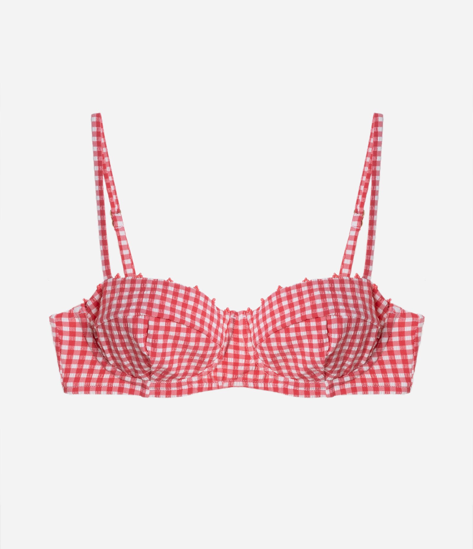 Biquíni Top Meia Taça com Estampa Xadrez Vichy e Miçangas Aplicadas Vermelho 5