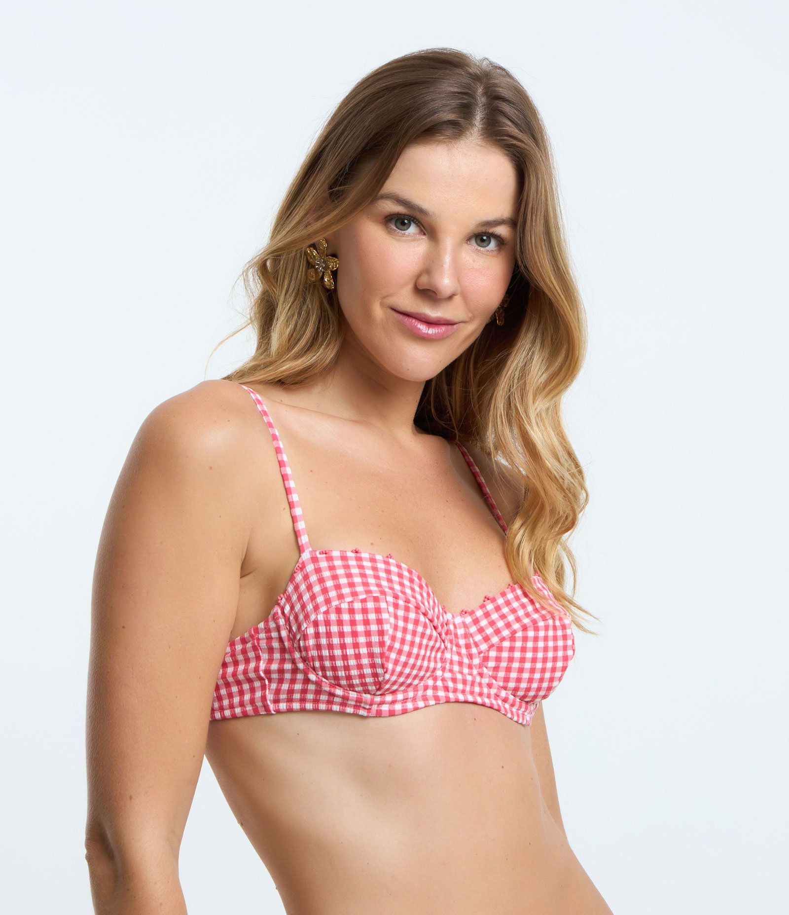 Biquíni Top Meia Taça com Estampa Xadrez Vichy e Miçangas Aplicadas Vermelho 1