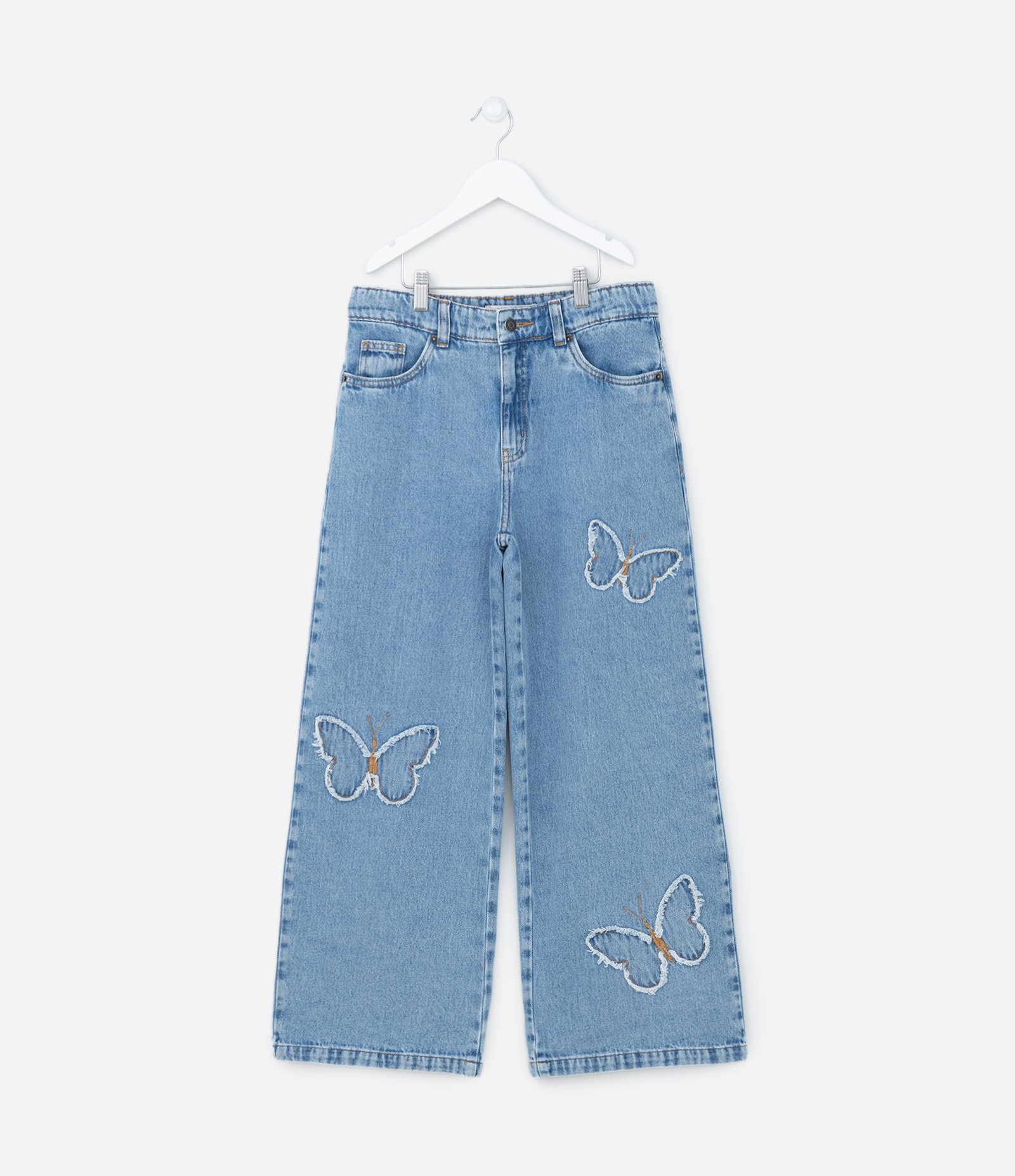 Calça Wide Leg Infantil em Jeans com Bordado Borboleta - Tam -  5 a 14 Anos Azul 1