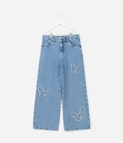 Calça Wide Leg Infantil em Jeans com Bordado Borboleta - Tam -  5 a 14 Anos