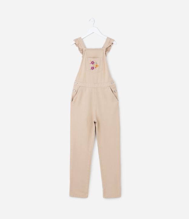 Macacão Infantil Jeans com Bordado de Flores - Tam 5 A 14 Anos