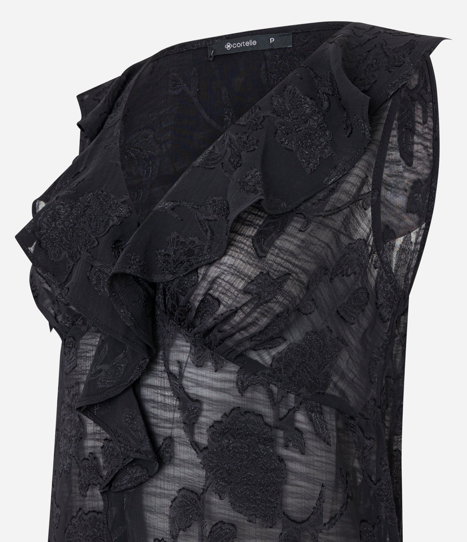 Blusa em Chiffon com Babado na Gola e Textura Floral Preto 6
