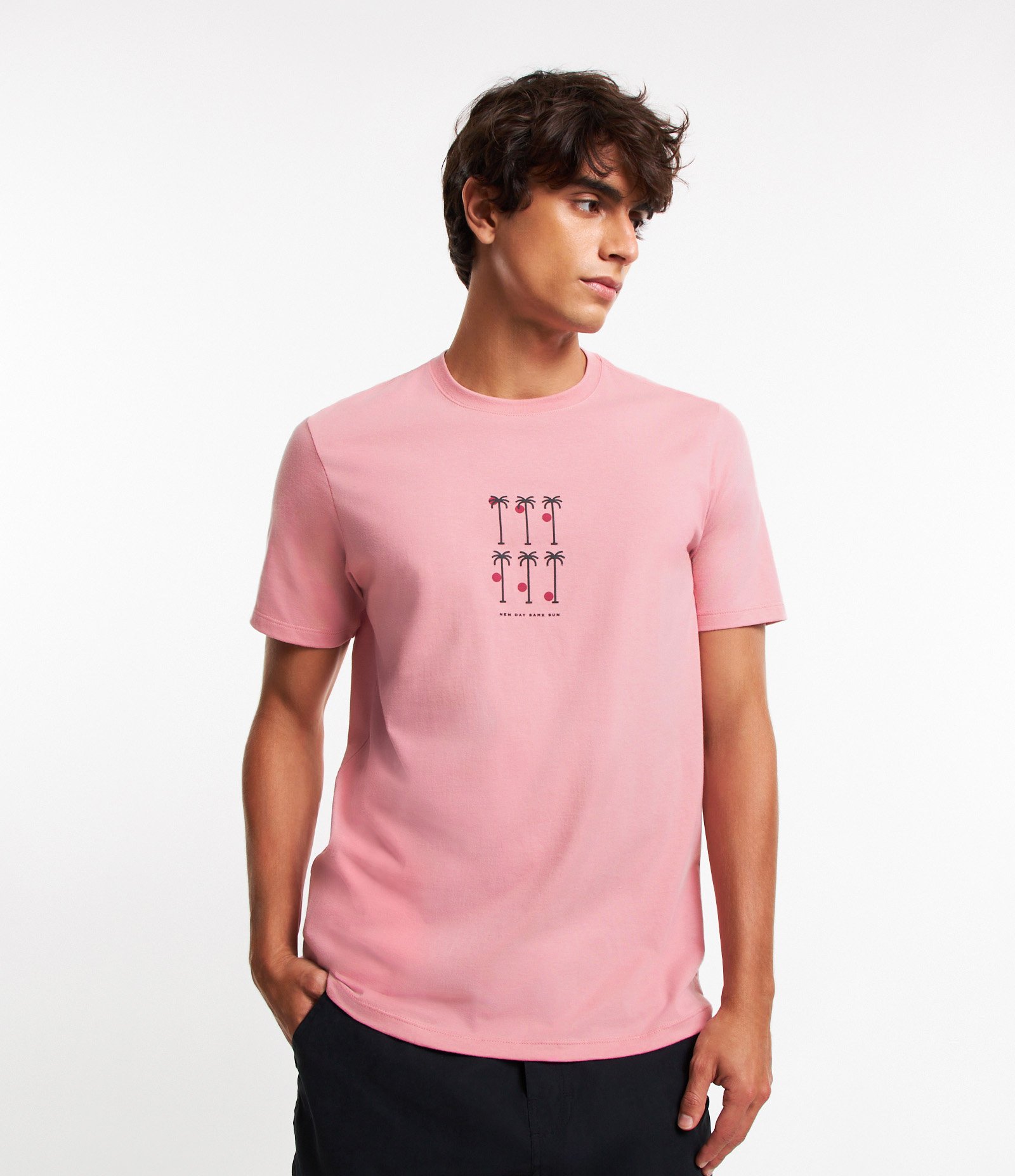 Camiseta Regular em Algodão com Estampa frontal Minimalista de Coqueiros Rosa 1