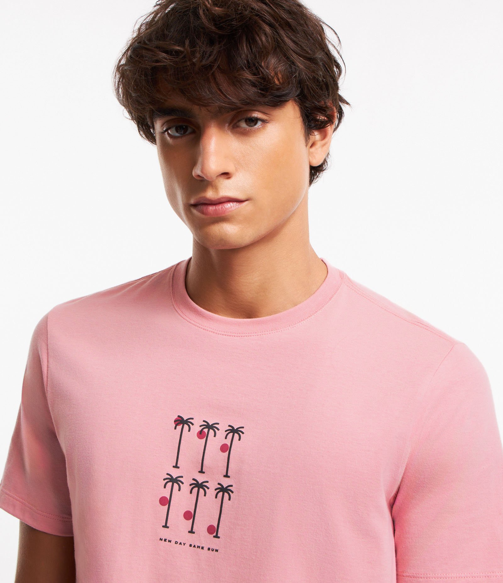 Camiseta Regular em Algodão com Estampa frontal Minimalista de Coqueiros Rosa 3