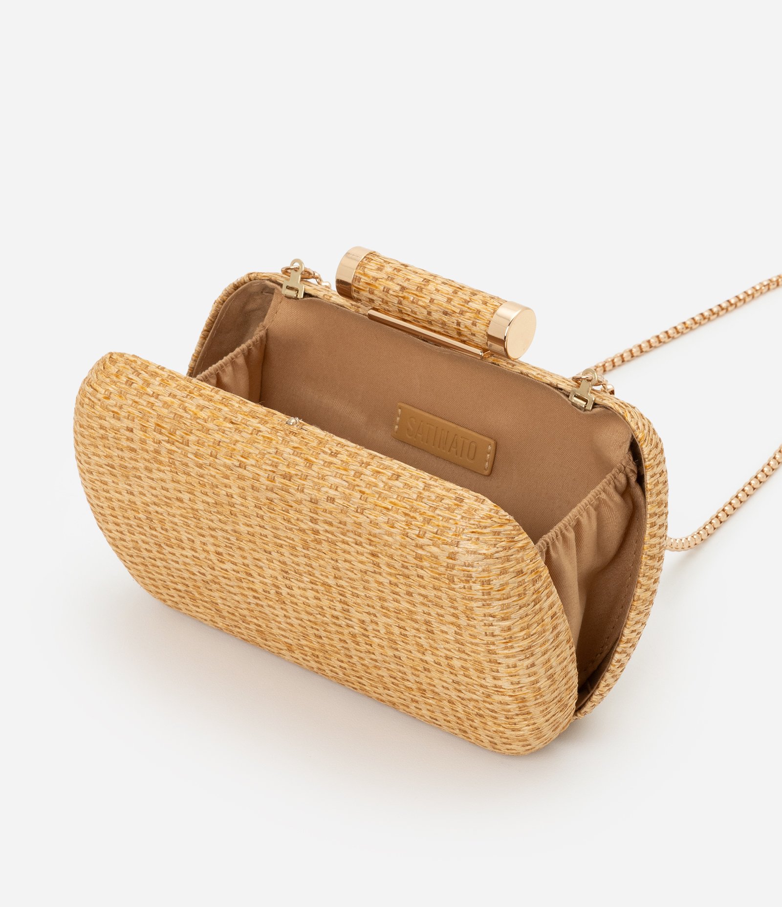 Bolsa Transversal Pequena em Palha com Alça em Corrente Bege 5
