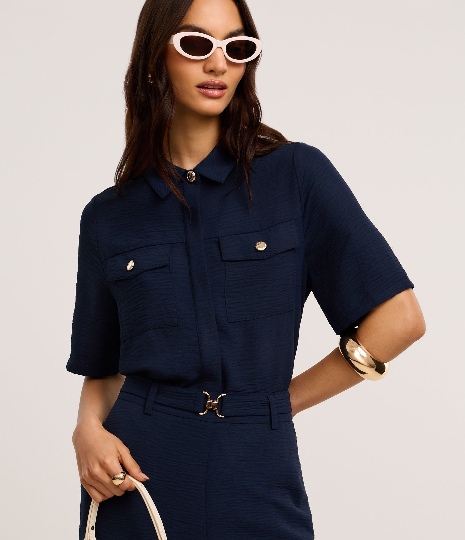 Camisa Airflow com Botões Metalizados e Bolsos Frontais Azul Marinho 1