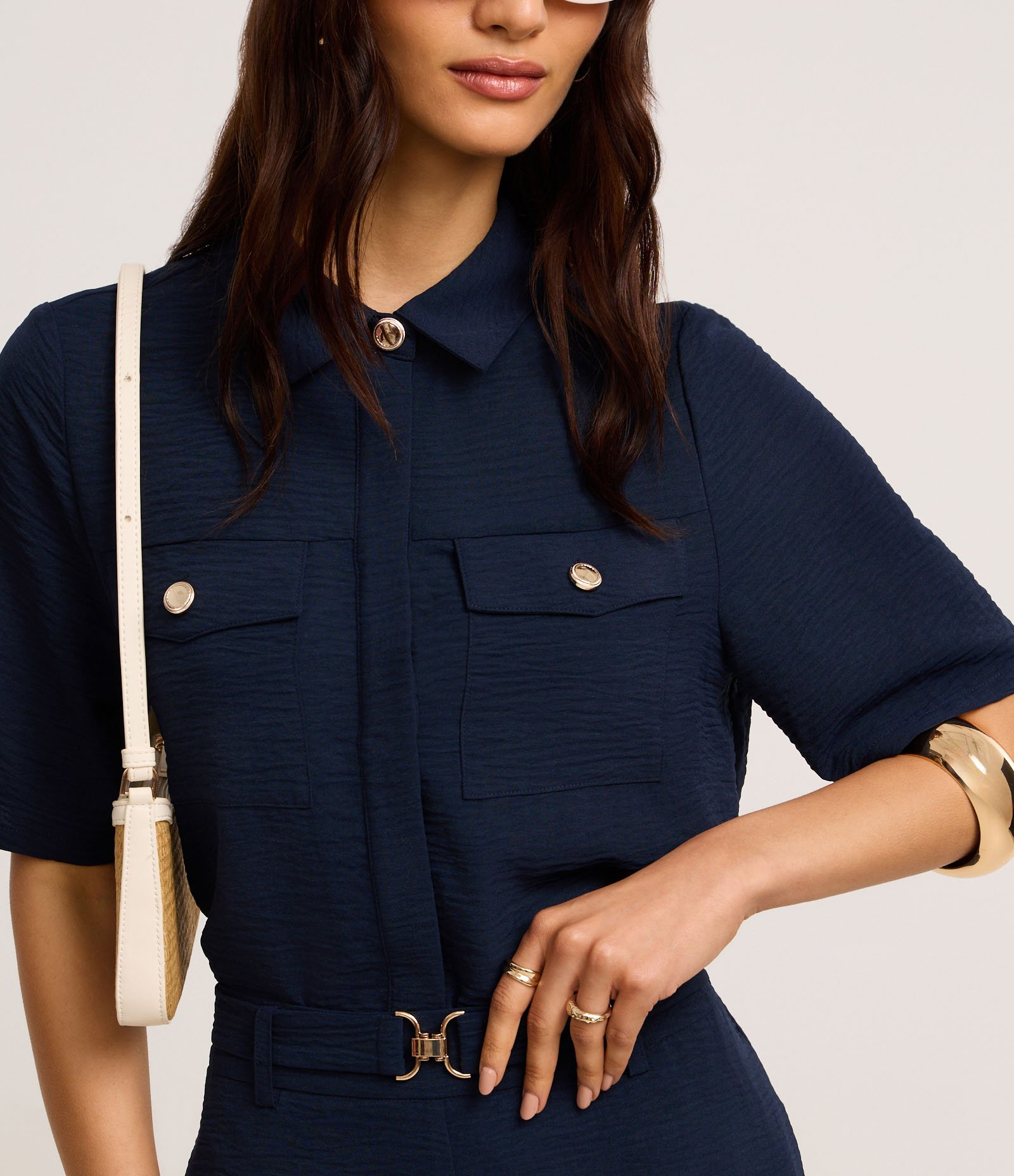 Camisa Airflow com Botões Metalizados e Bolsos Frontais Azul Marinho 4