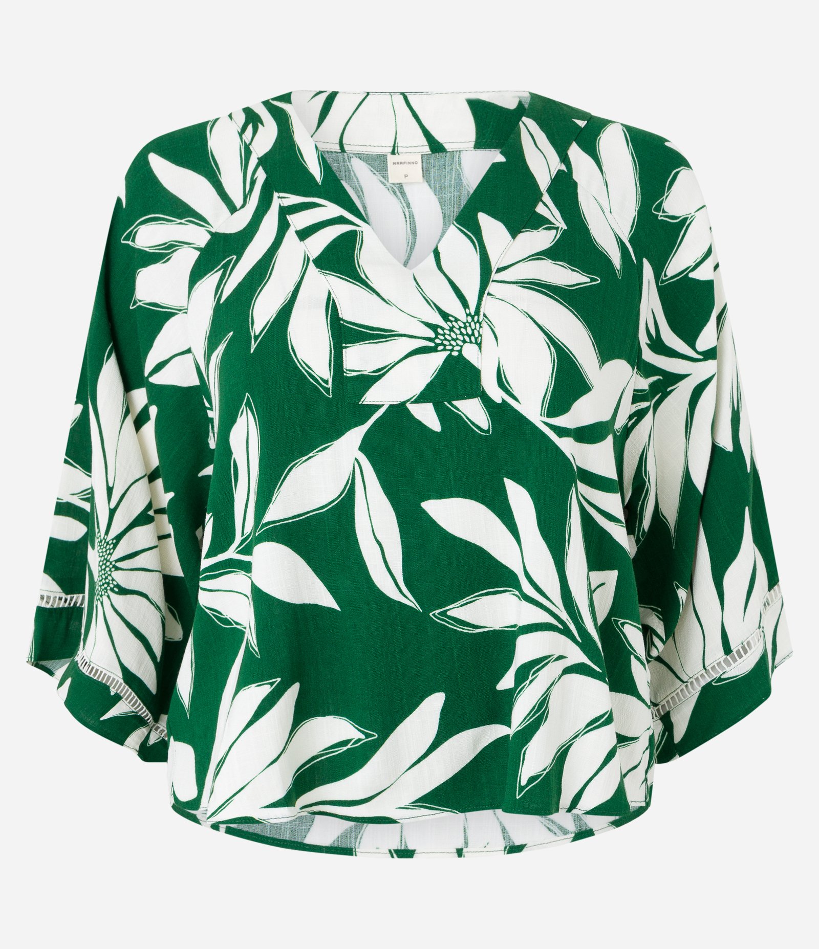 Blusa em Viscolinho com Entremeios na Manga e Estampa Folhagens Verde 5