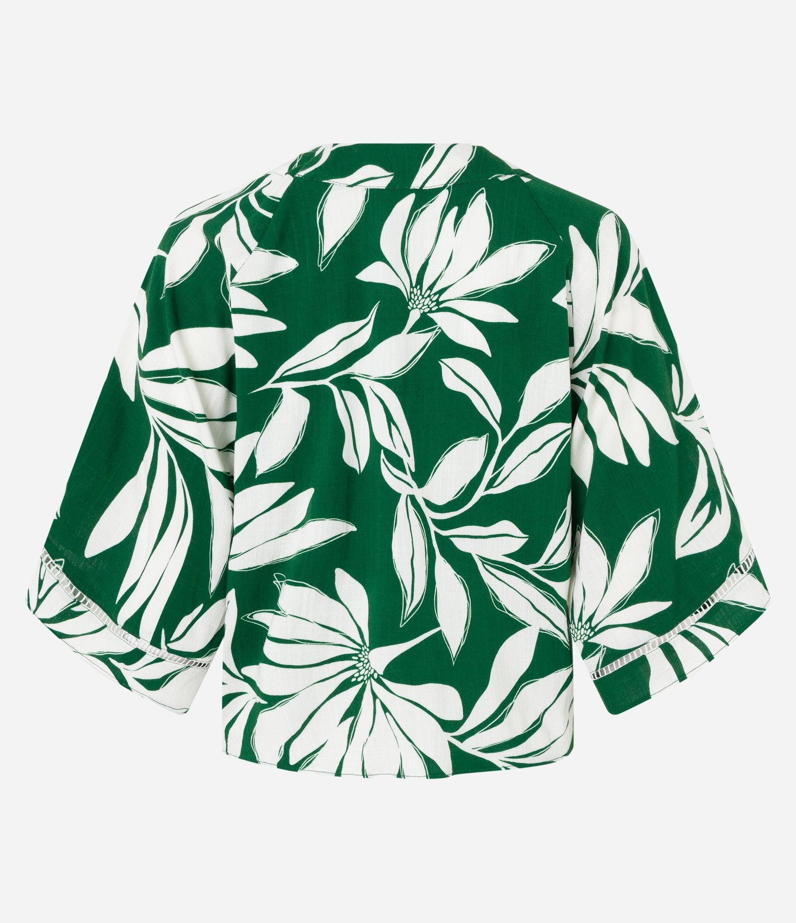 Blusa em Viscolinho com Entremeios na Manga e Estampa Folhagens Verde 6