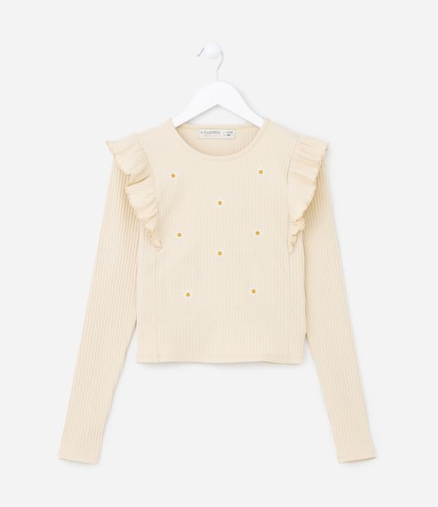 Blusa Infantil Canelada com Bordado de Margaridas - Tam 5 A 14