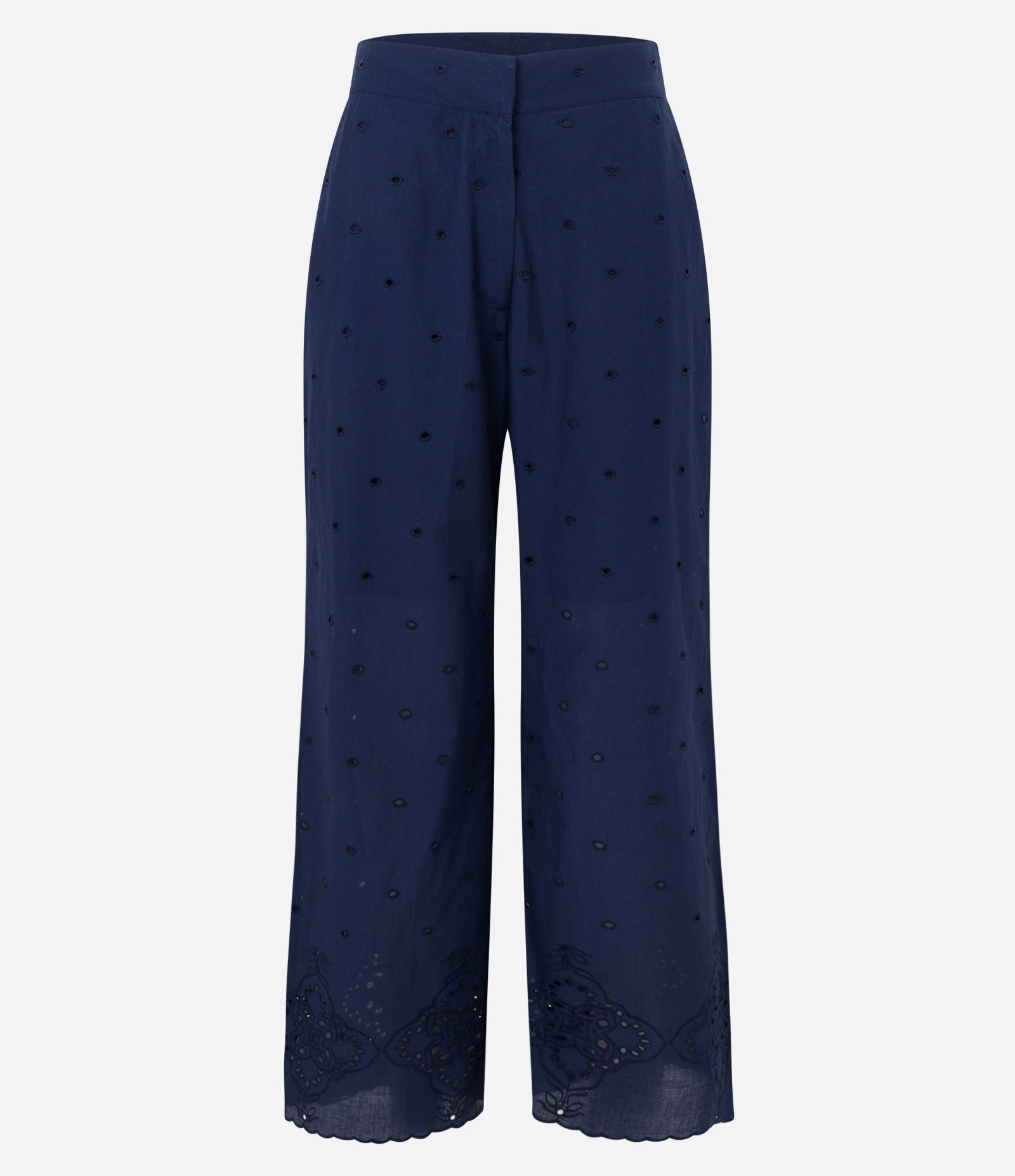 Calça Reta em Laise com Textura de Bolinha Vazadas Azul Escuro 7
