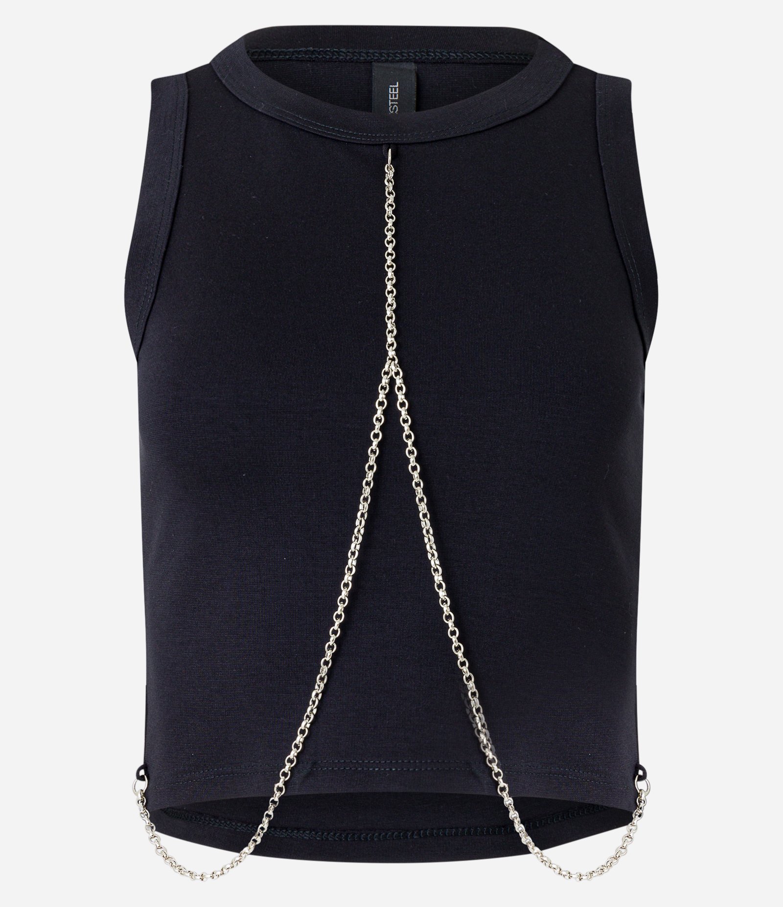 Regata Cropped em Meia Malha com Gola Halter e Detalhe de Corrente Cruzando Preto 5