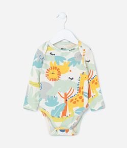 Body Longo em Ribana com Estampa de Bichinhos - Tam 0 a 18 meses