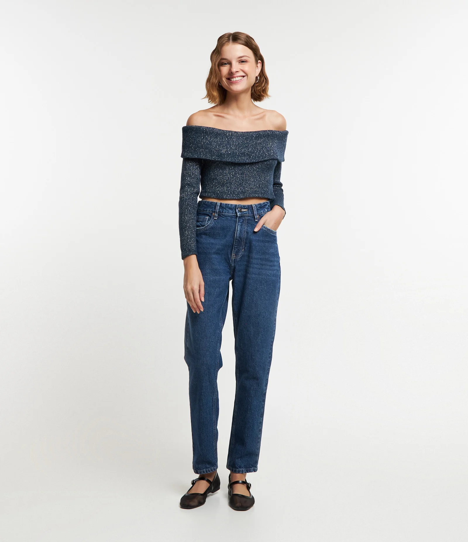 Blusa em Tricô com Fio Metalizado e Pala Virada Azul 2