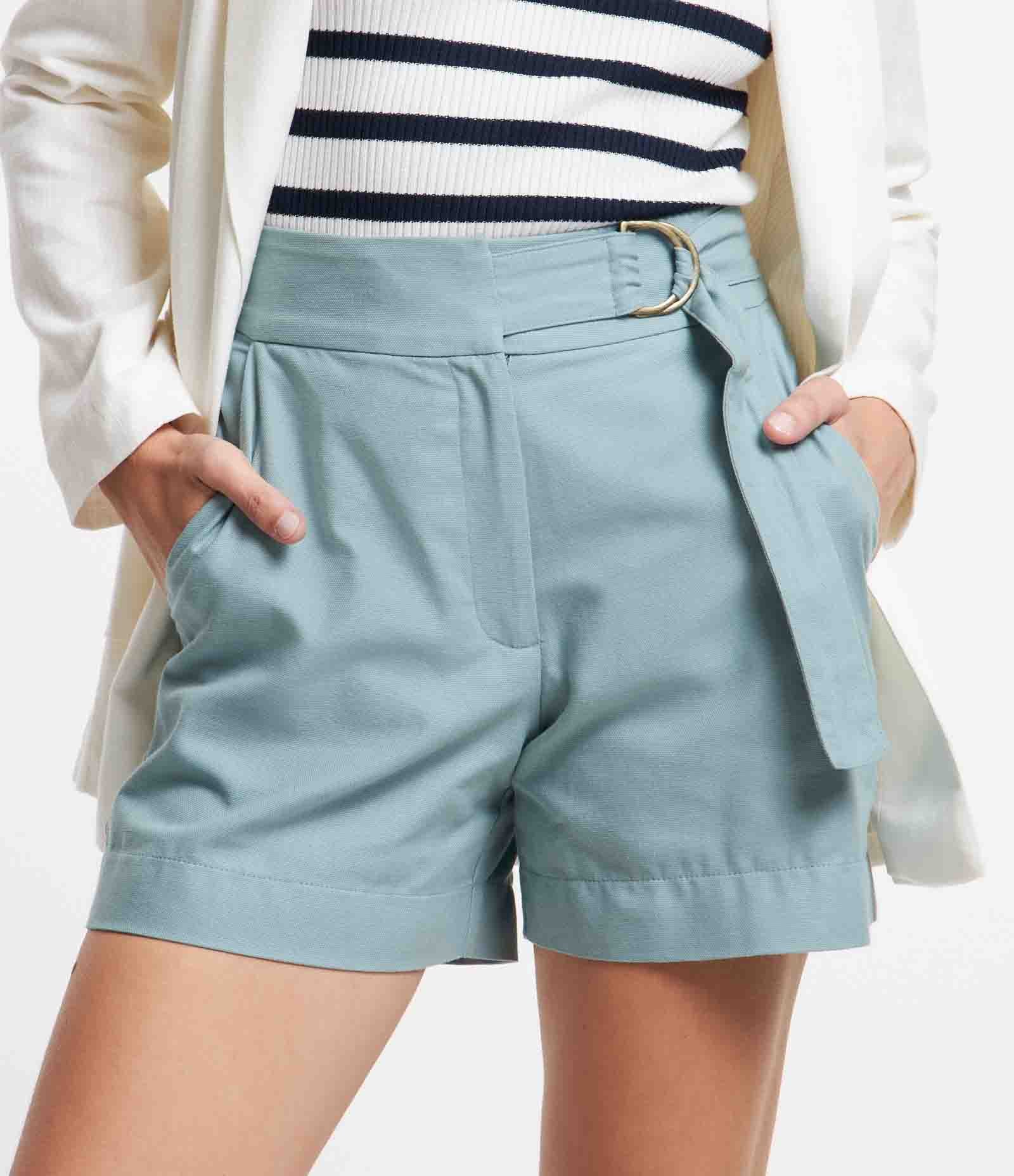 Short em Tricoline com Cós Alfaiatado e Fivela para Fechamento Azul 3