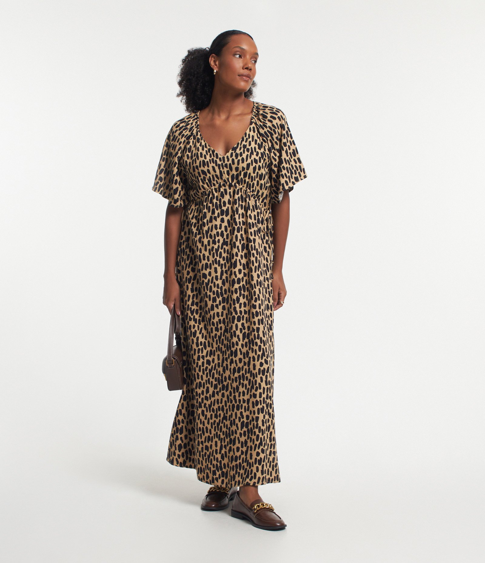 Vestido Midi em Viscose com Amarração Lateral e Estampa Animal Print Onça Bege 2