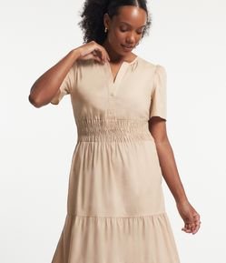 Vestido Longo Evasê Manga Bufante em Tricoline com Elástico na CIntura