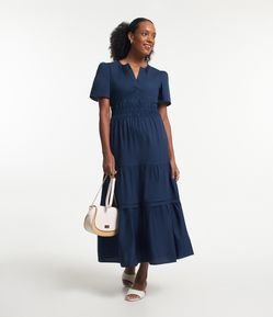 Vestido Longo Evasê Manga Bufante em Tricoline com Elástico na CIntura