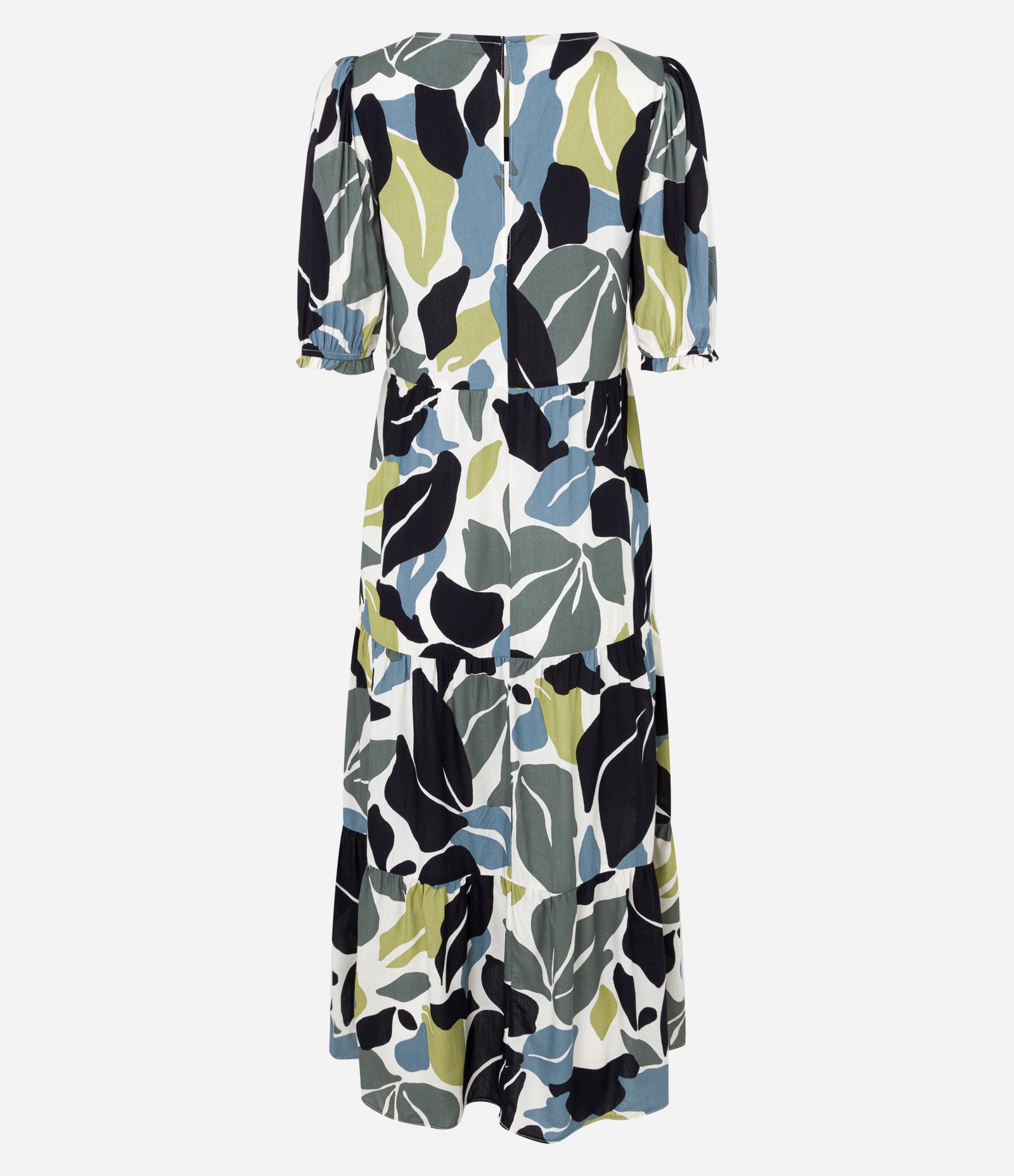 Vestido Midi em Viscose com Manga Bufante e Recortes Franzidos na Saia Multicores 8