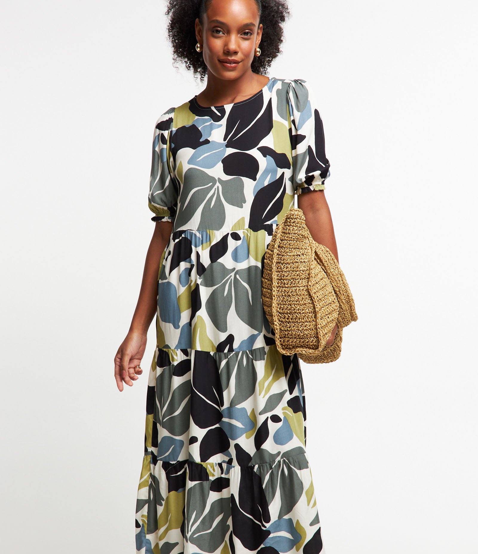 Vestido Midi em Viscose com Manga Bufante e Recortes Franzidos na Saia Multicores 2