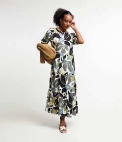 Vestido Midi em Viscose com Manga Bufante e Recortes Franzidos na Saia