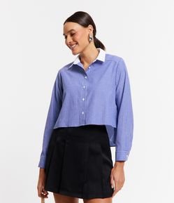 Camisa Cropped em Tricoline com Estampa Listrada Fio Tinto