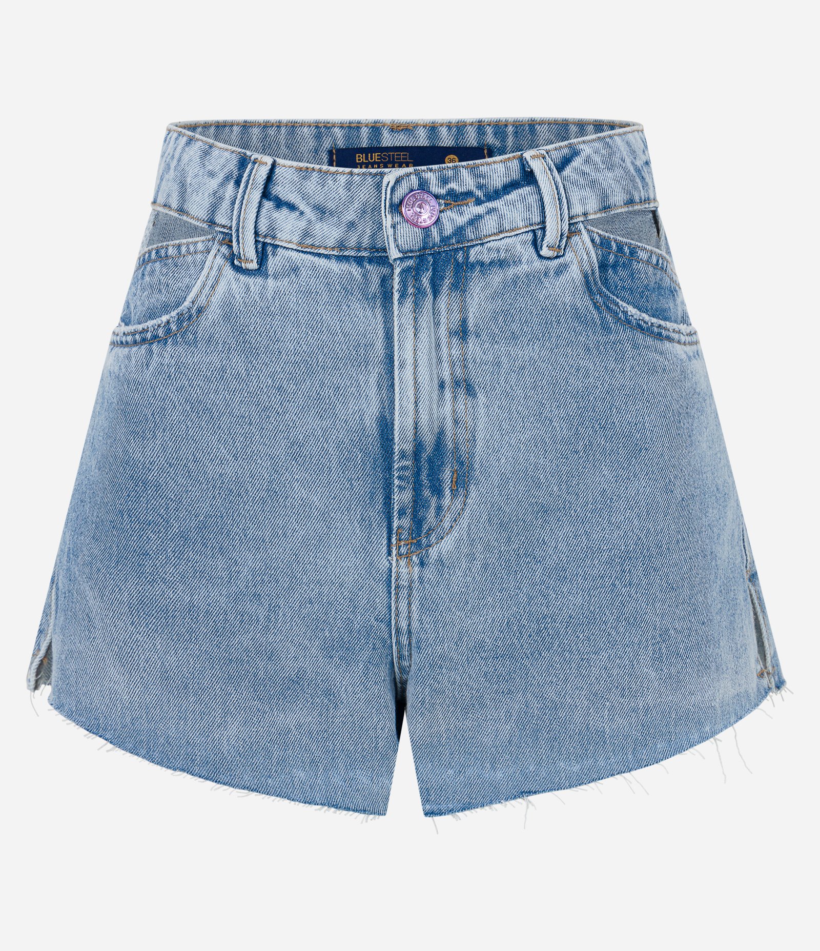 Short Cintura Alta em Jeans com Fendinha na Barra Azul 5