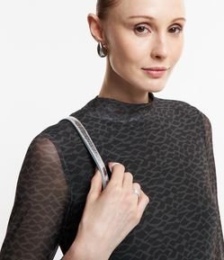 Vestido Midi em Tule Animal Print com Gola Alta e Mangas Longas