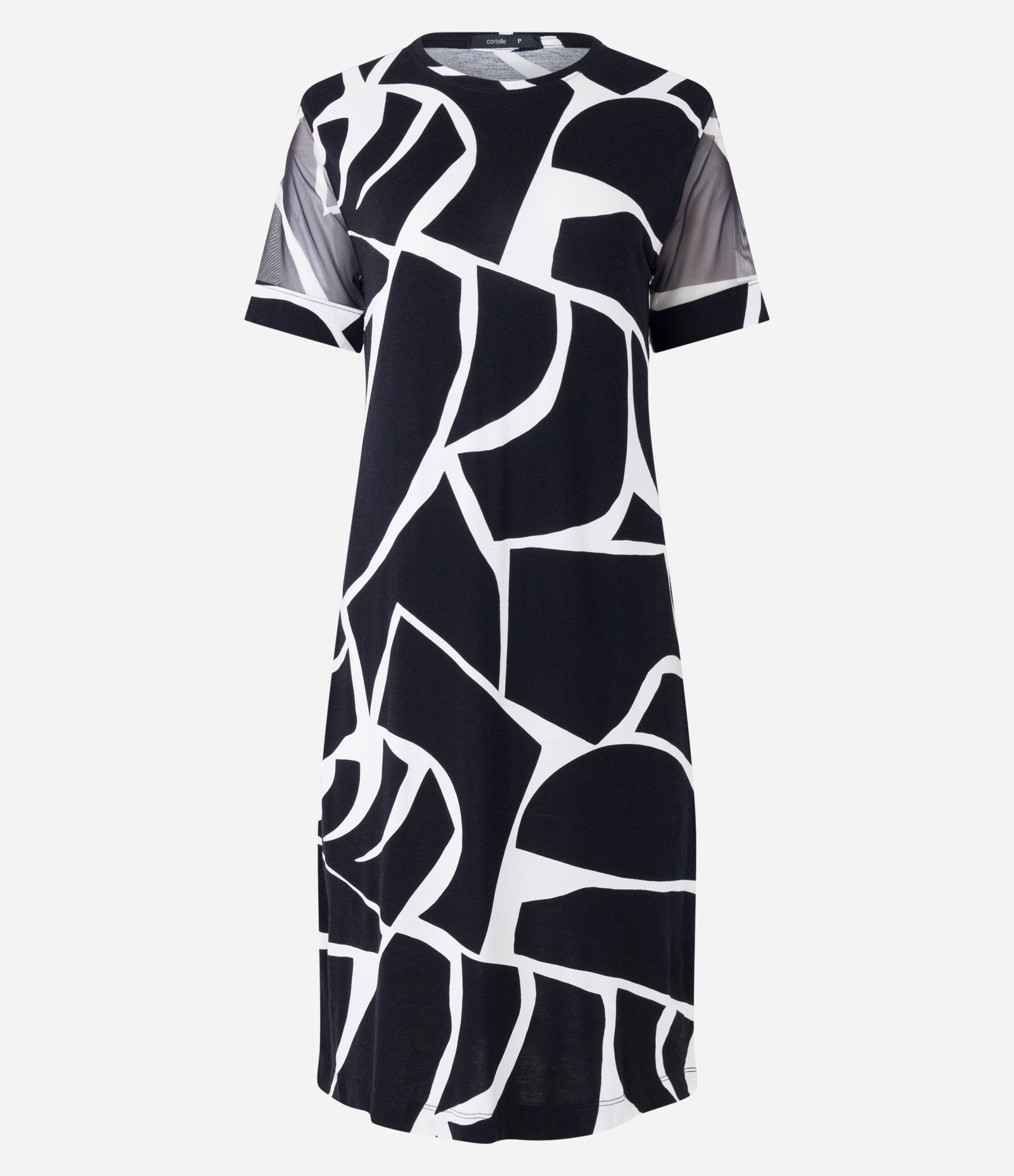 Vestido em Viscose com Tule na Manga e Estampa Geométrica Preto/ Branco 7