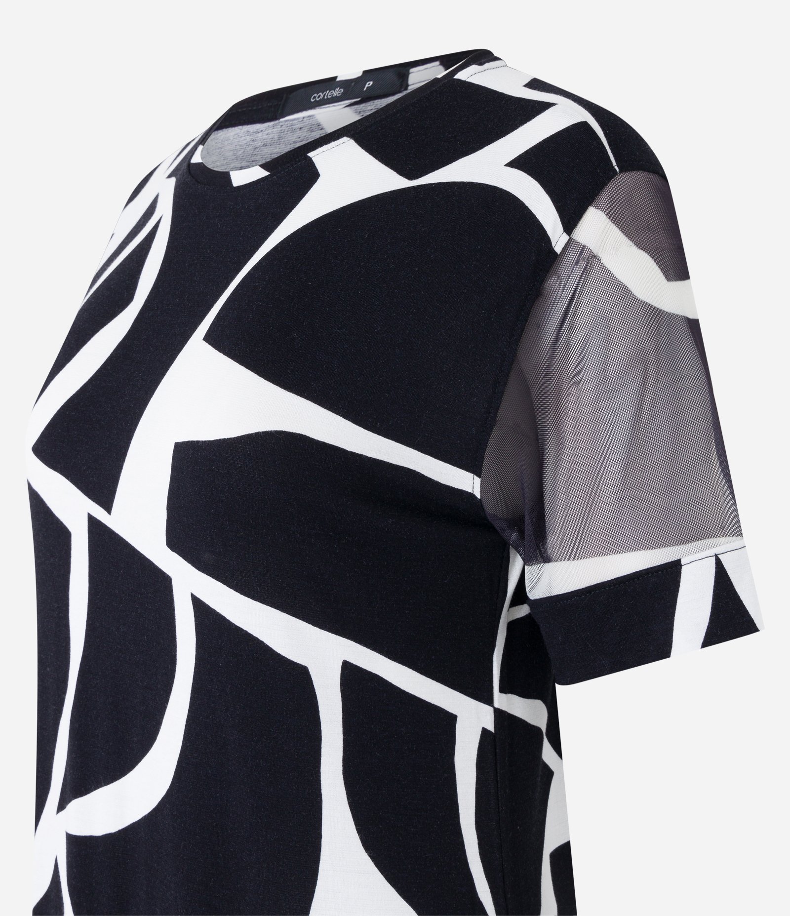 Vestido em Viscose com Tule na Manga e Estampa Geométrica Preto/ Branco 8
