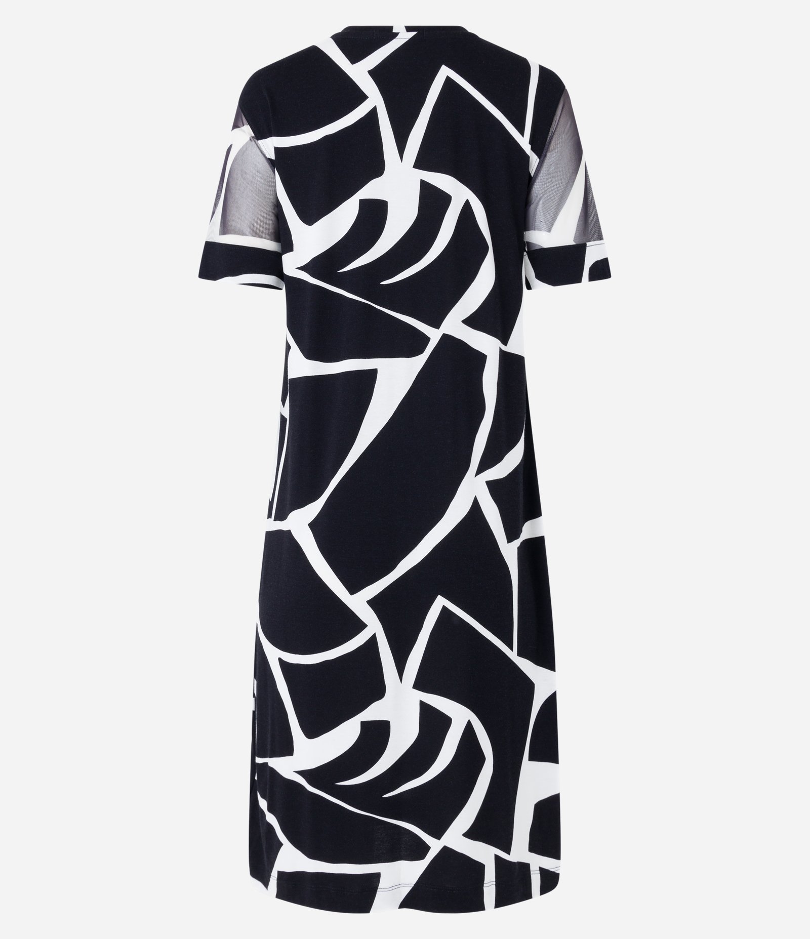 Vestido em Viscose com Tule na Manga e Estampa Geométrica Preto/ Branco 9