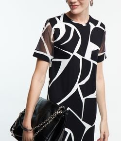 Vestido em Viscose com Tule na Manga e Estampa Geométrica