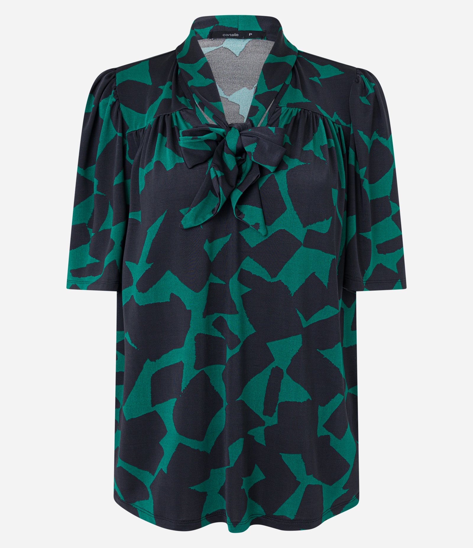 Blusa em Microfibra com Laço na Gola e Estampa Geométrica Verde/ Preto 6