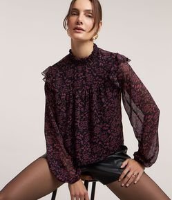 Blusa em Chiffon com Lastex na Gola e Estampa Floral Liberty