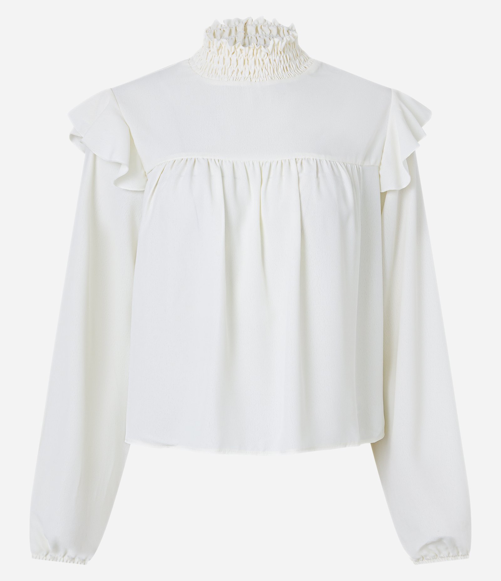 Blusa em Crepe com Lastex na Gola Alta e Babado na Cava Branco Neve 6