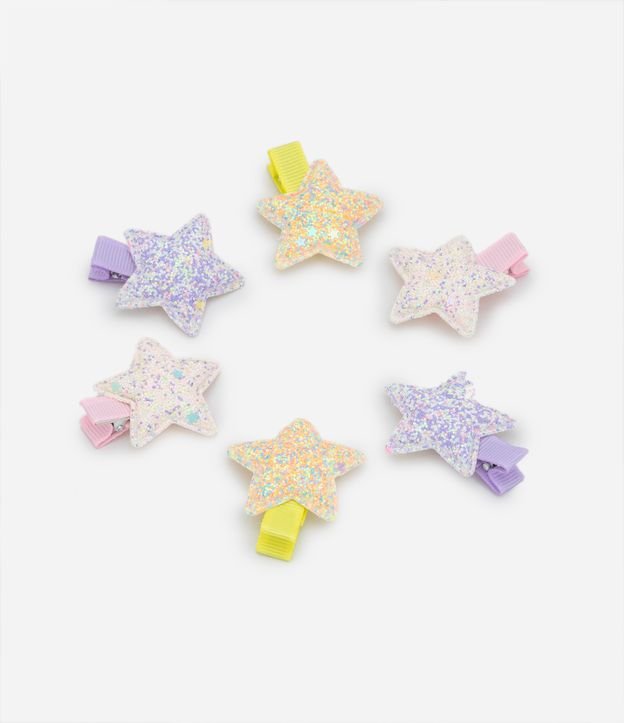 Kit 06 Presilhas de Cabelo Infantil em Formato de Estrelas com Glitter - Tam U