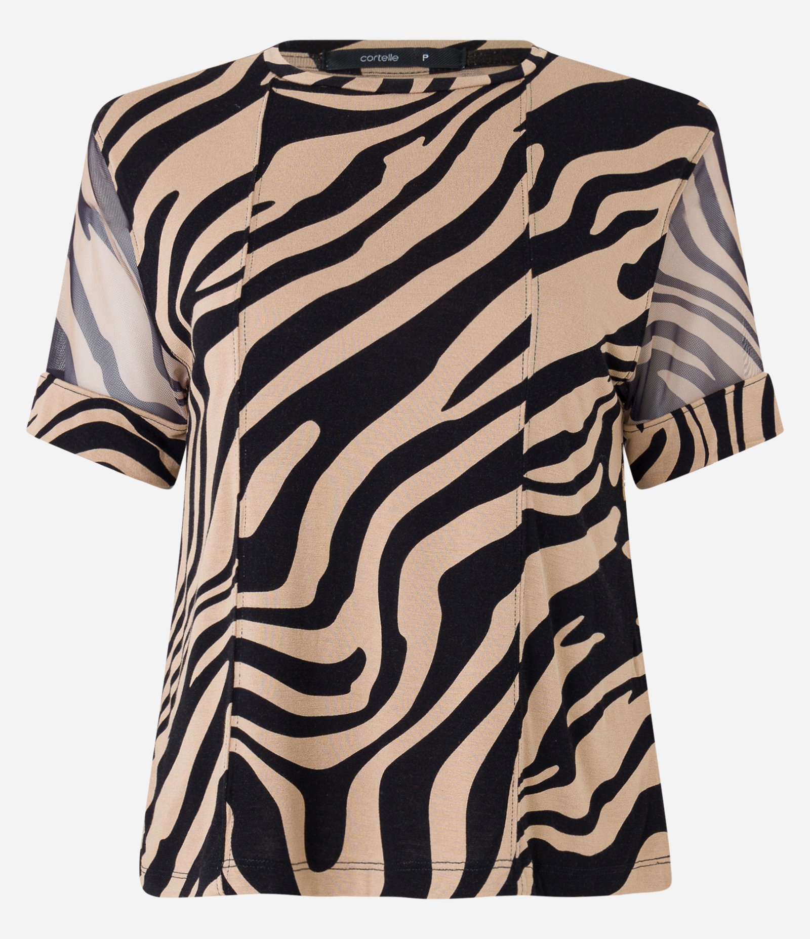 Blusa em Viscose com Tule na Manga e Estampa Animal Print Zebra Bege/ Preto 5