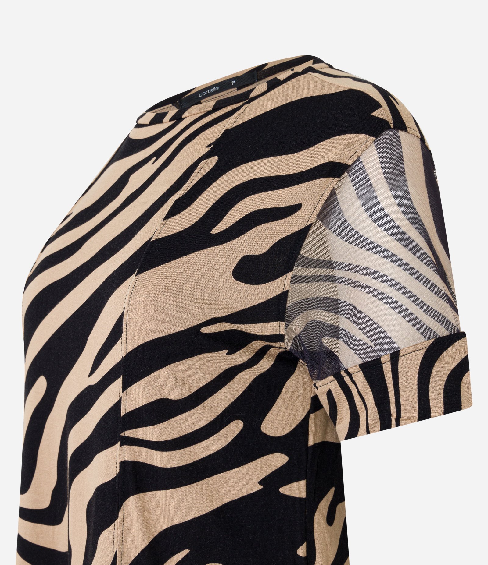 Blusa em Viscose com Tule na Manga e Estampa Animal Print Zebra Bege/ Preto 6