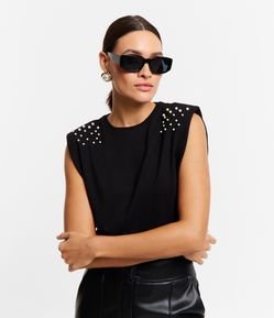 Blusa sem Manga em Algodão com Aplicação de Pérolas nos Ombros