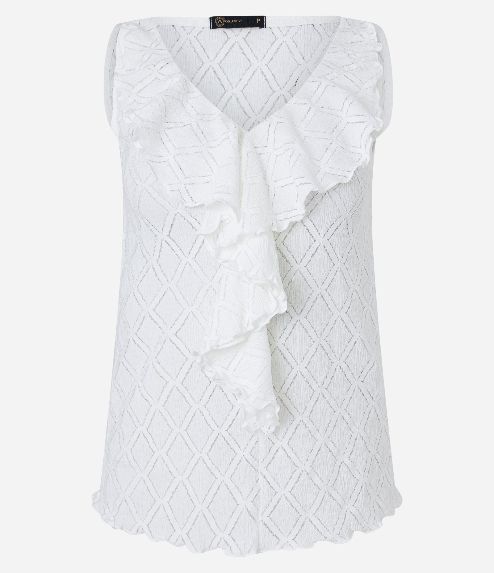 Blusa sem Manga com Babado Jabô e Padronagem Geométrica Branco Neve 6