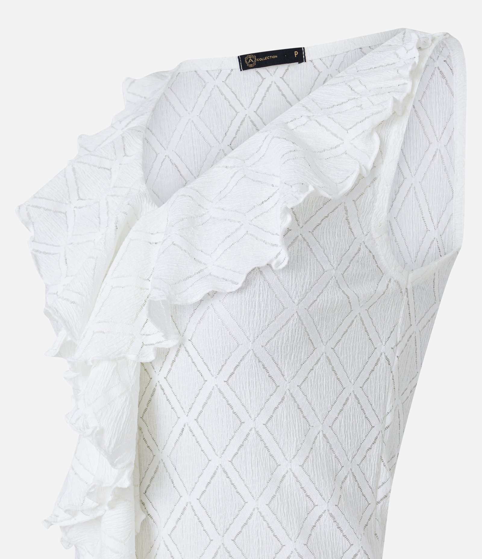 Blusa sem Manga com Babado Jabô e Padronagem Geométrica Branco Neve 7