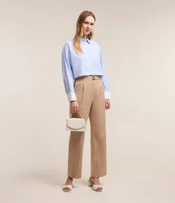 Calça Reta Alfaiatada em Linho e Viscose com Cinto Fivela
