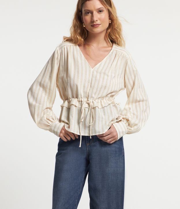 Blusa Bata em Cambraia com Estampa Listrada e Fio Metalizado