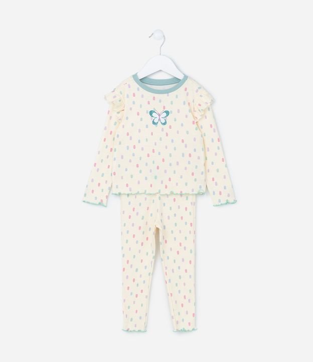 Pijama Longo Infantil em Ribana Poá com Borboleta Brilhosa - Tam 1 a 4 Anos Bege 1